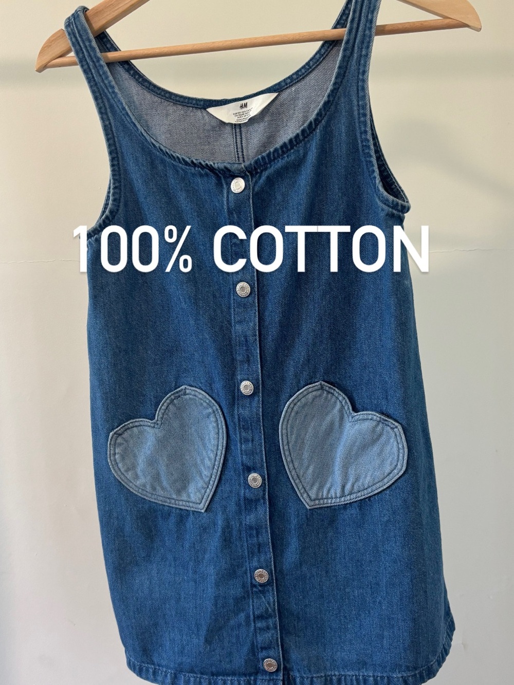 H&M Girls Denim Button-Front Dress with Heart Pockets | 100% cotton